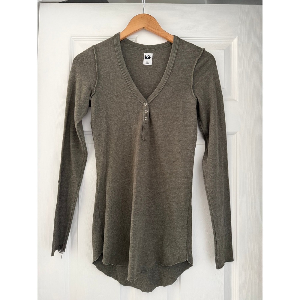 NSF Cotton Green V Neck Womens‎ Long Sleeve Blouse Basic Neutral Comfort